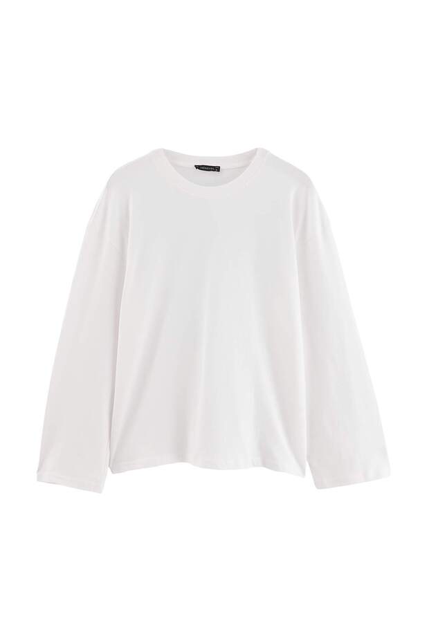 Ekru %100 Pamuk Oversize Geniş Kesim Uzun Kollu Örme T-Shirt TWOAW27TS00118