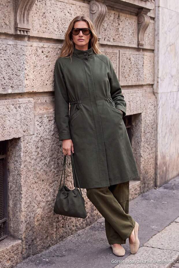 Wardrobe Essentials Haki Dik Yaka Çantalı Oversize Trençkot TWOAW27TR00037