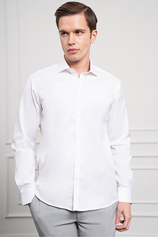 Men's White Cotton Trend Slim Fit Italian Collar Shirt