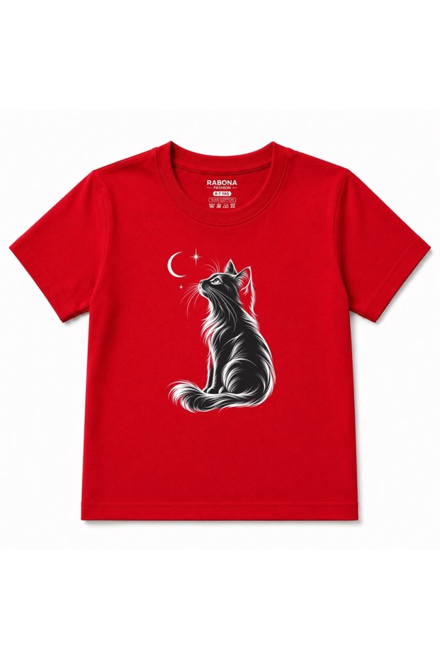 Moonlit Gaze Cat & Crescent Graphic Kids T-Shirt