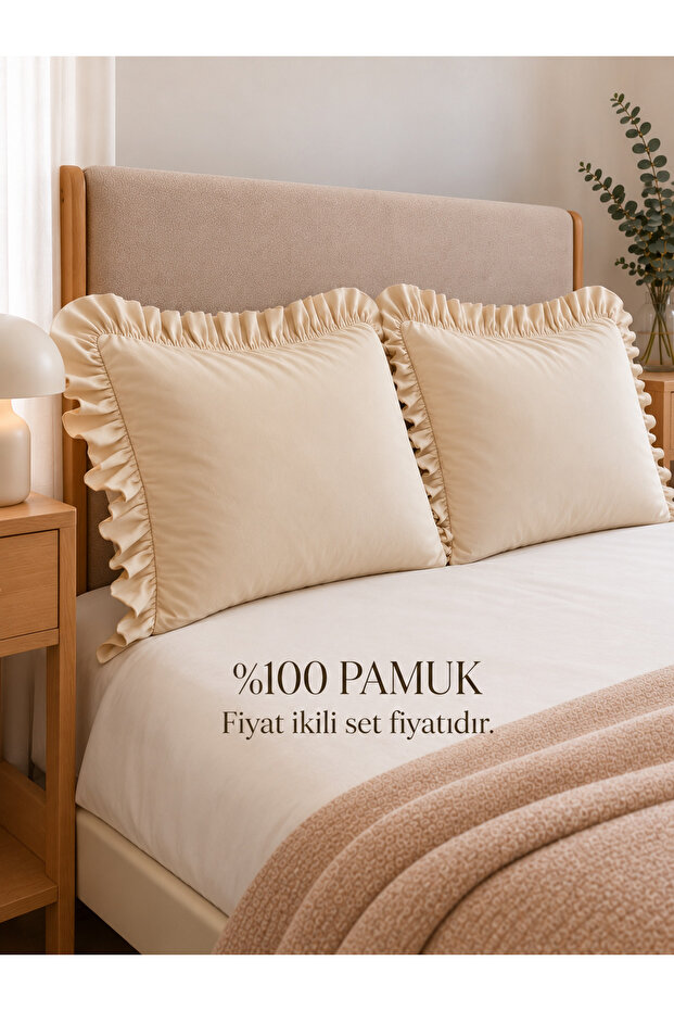 Coton 2 Pieces 100% Cotton Beige Ruffled Pillowcases