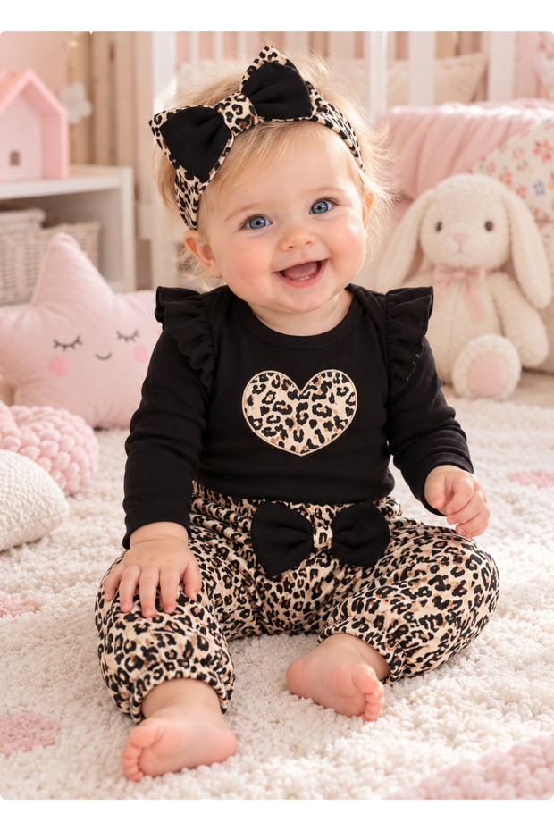 3-Piece Baby Girl Set with Leopard Bandana and Badge