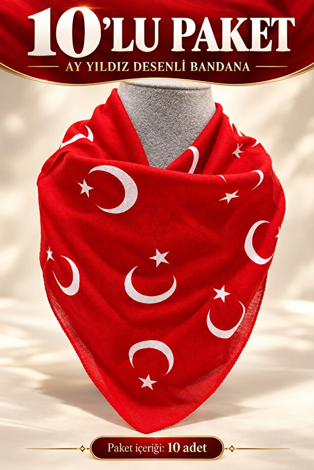 10 Pieces Red Crescent Star Turkish Flag Cotton Fabric Scarf - Bandana - April 23, October 29, May 19