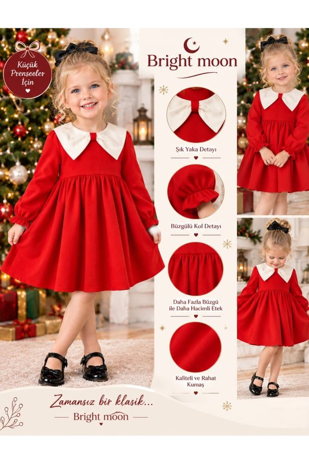 Girl's Dress with Balloon Sleeves and Collar Detail