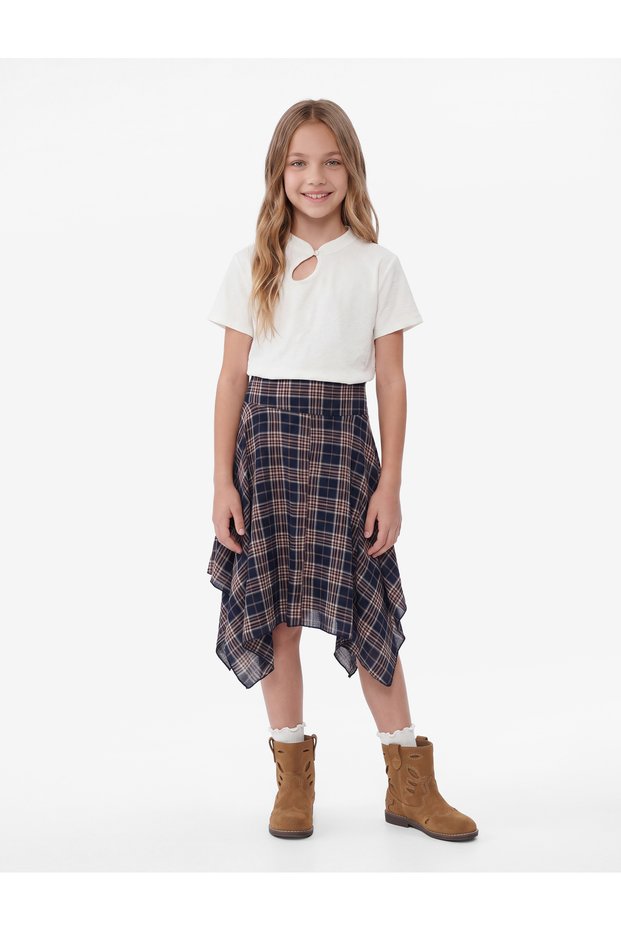 Asymmetrical Cut Cotton Below-Knee Plaid Skirt