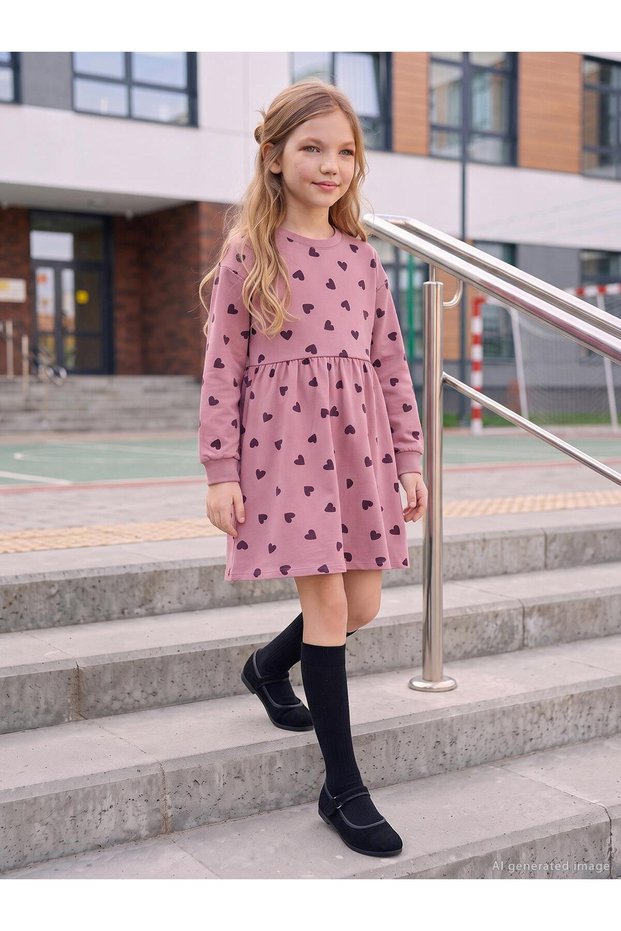 Heart Patterned Dress for 6-9 Years - Pink