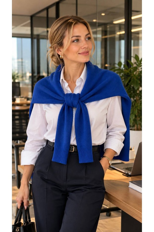 Cobalt Blue Soft Textured Knitwear Tie-Up Sweater Shawl 50X65 cm