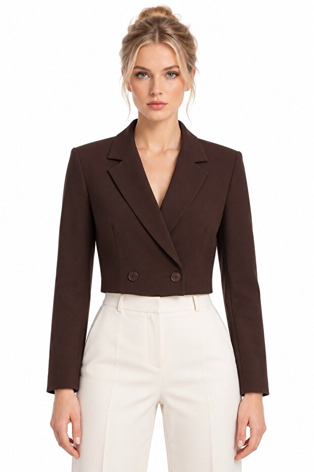 Bitter Brown Women's Regular Fit Double Breasted Woven Crop Blazer Jacket - Stylish & Sporty