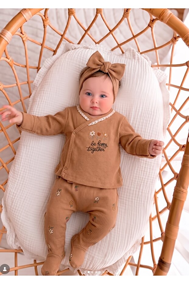 Daisy Embroidered Newborn Hospital Release 3-Piece Bodysuit Set - Brown