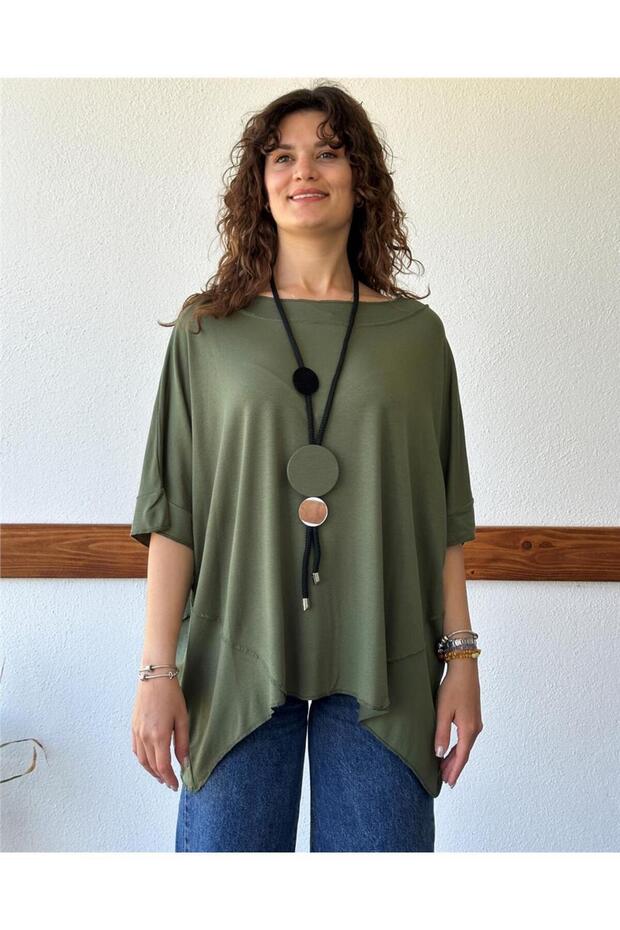 Short Sleeve Khaki Tunic with Asymmetric Cut Necklace Std