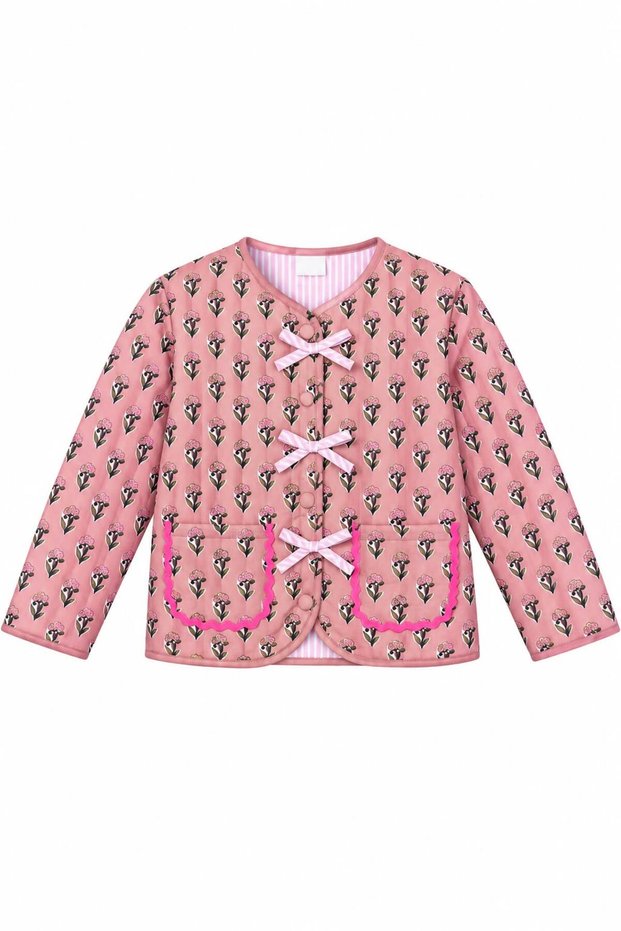 Girl's Ribbon Detailed Floral Patterned Quilted Seasonal Jacket
