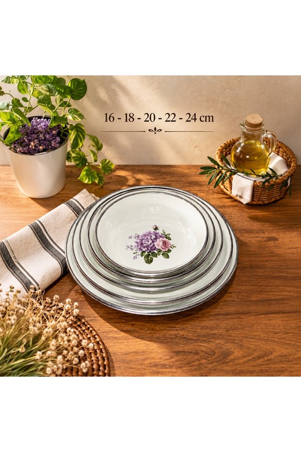 Enamel Set of 5 Custard Food Breakfast - Plate Patterned Bowl, Pit Plate, Salad Plate, Chips Plate