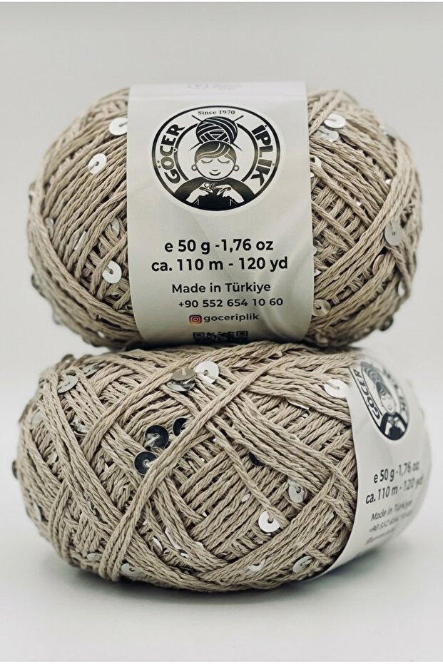 Bag Yarn / Knitting Yarn 100% Cotton Color Beige 3+6 Beige Large Sequins 50Gr X 2 =100Gr