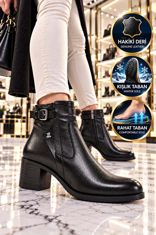 Dar Kalip 1779011K Genuine Leather Black Women's Boots with Fleece Inside