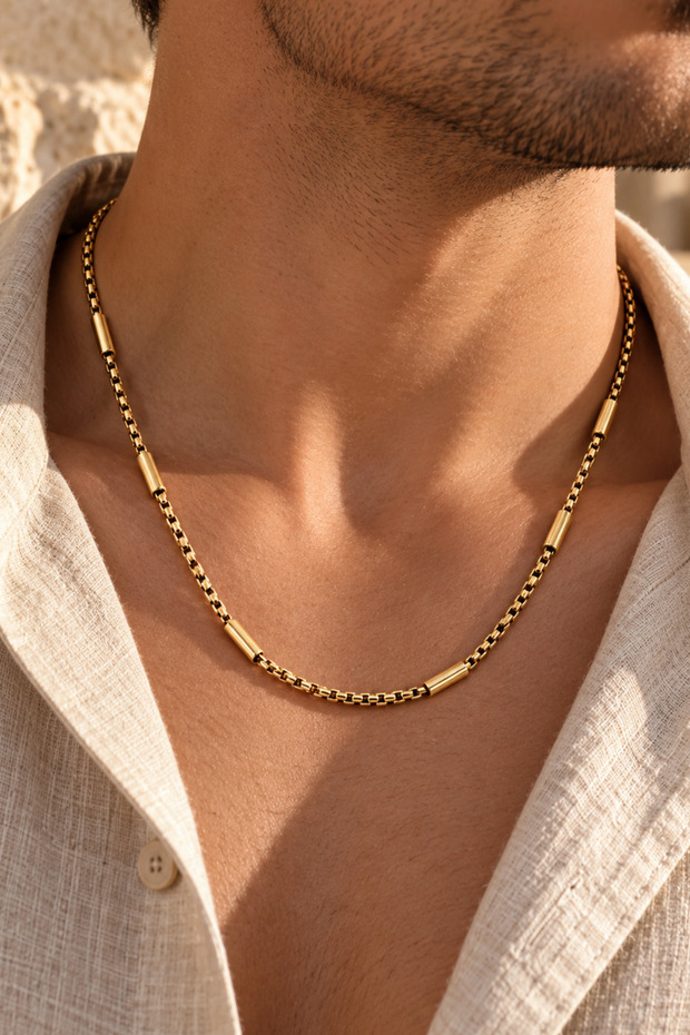 Steel Linea Cylinder Detailed Cube Chain Necklace 2 mm Gold Color |   Anti-Tarnish, Male, 2 Years Warranty