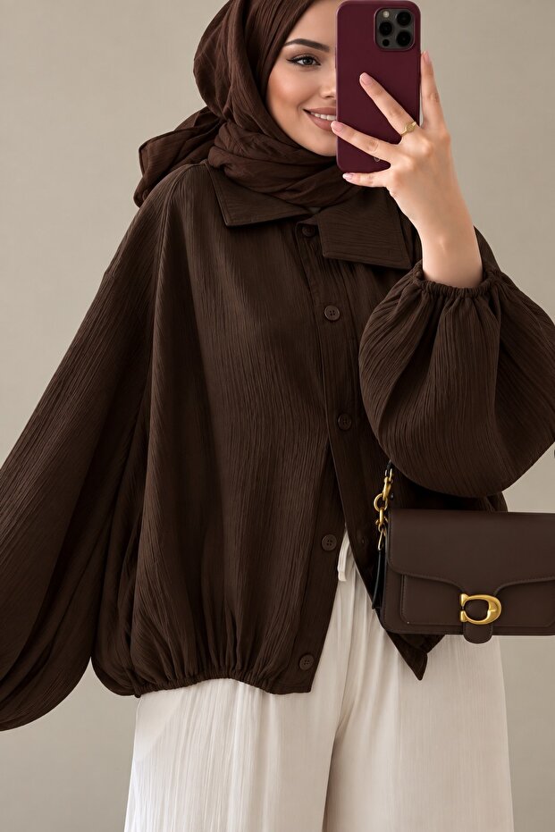 Brown Crinkled Fabric Cotton Asymmetrical Collar Detailed Tulle Bomber Jacket | Relaxed Fit Modern Hijab Jacket | Stylish Casual Layered Outerwear | Original Design Jacket Model