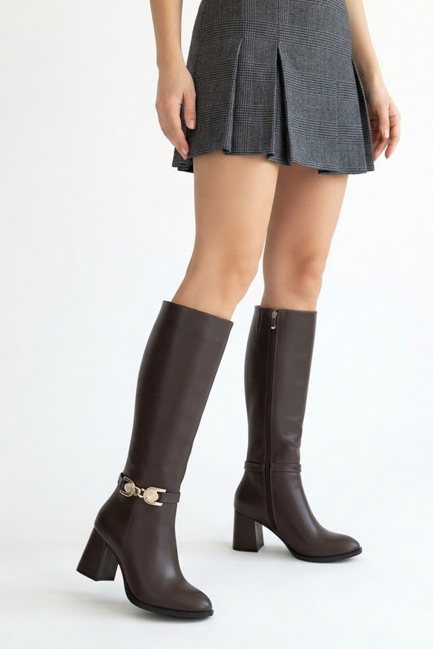 Mooni Premium Brown Buckle Heeled Boots