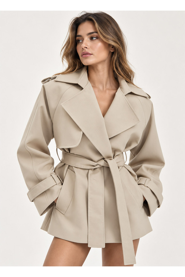 Beige Color Women's Belted Short Trench Coat