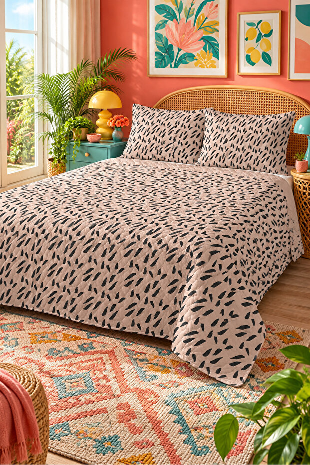 Black Leaf Patterned Bedspread 200X220 Double Pique Set
