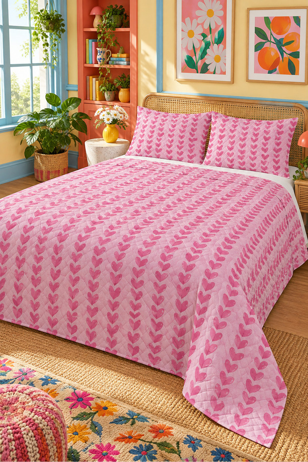Pink Heart Patterned Bedspread 200X220 Double Pique Set
