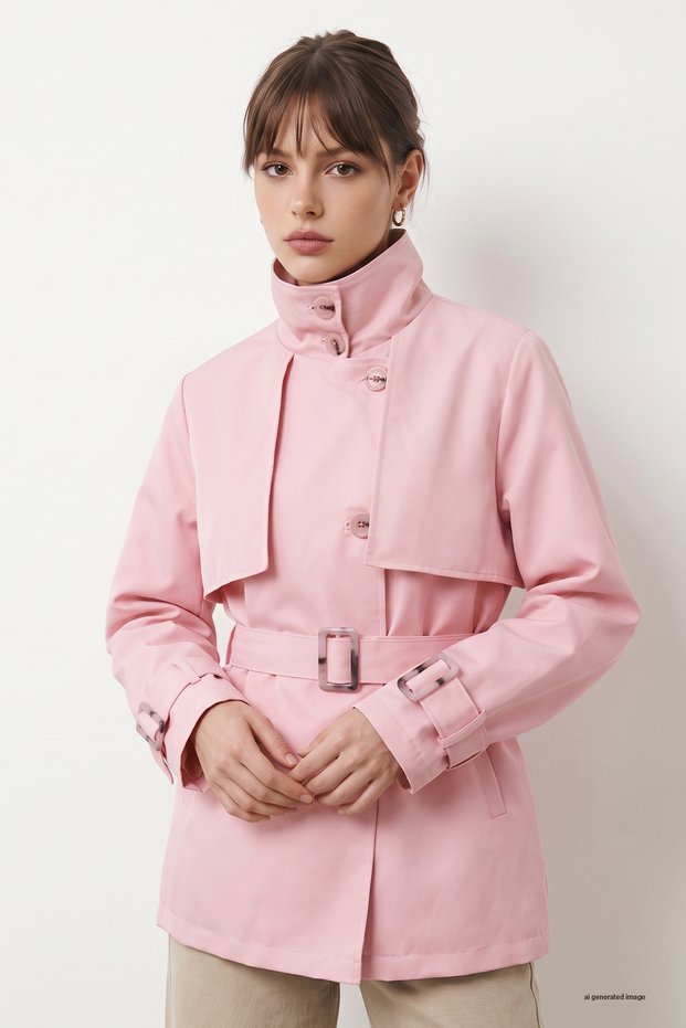 Belted Stand Collar Lined Pink Short Trench Coat