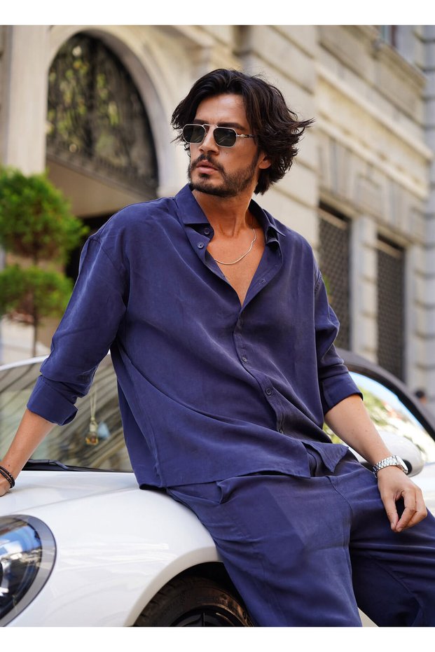 Navy Blue Color Men's Mixed Fabric Shirt