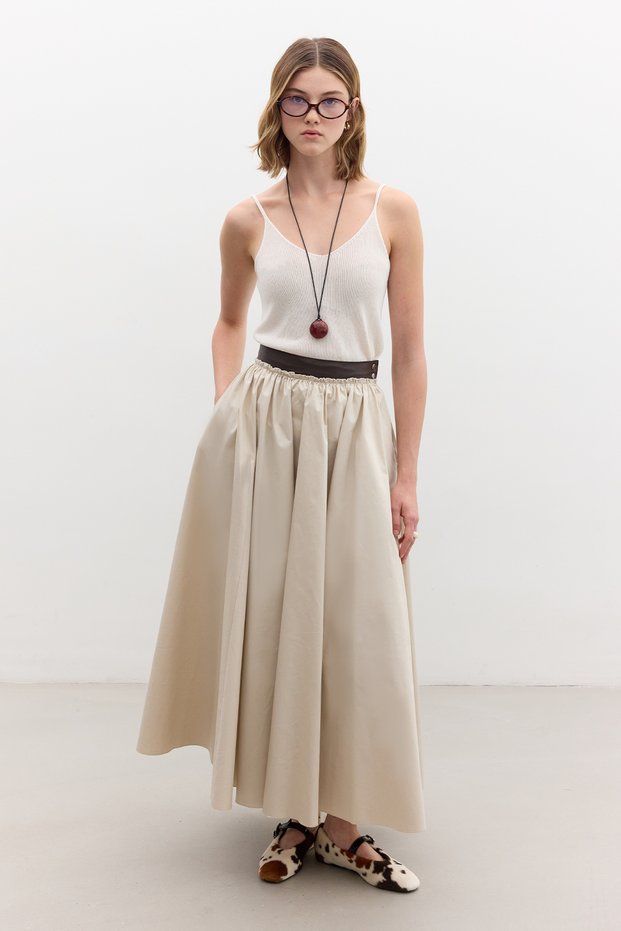 Leather-Detail Wide Skirt Stone
