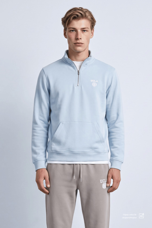 Leon Blue Half Zipper Printed Mock Neck Standard Fit Men's Sweatshirt