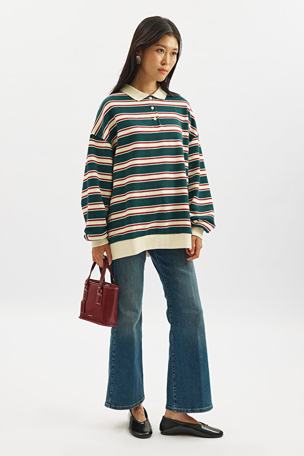 Polo Collar Oversize Sweatshirt Green