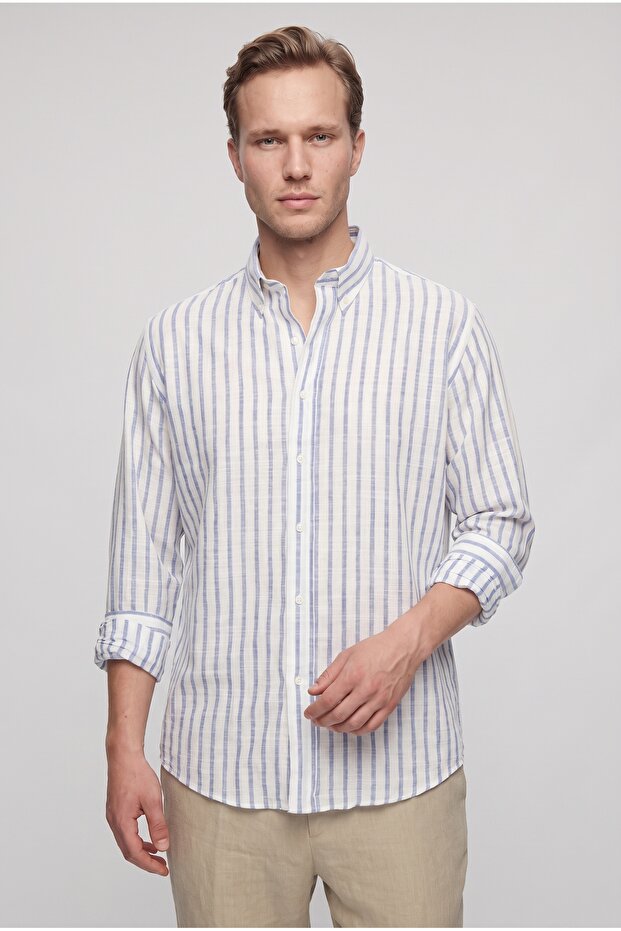 Ds Damat Slim Fit Blue Striped 100% Cotton Summer Linen Shirt