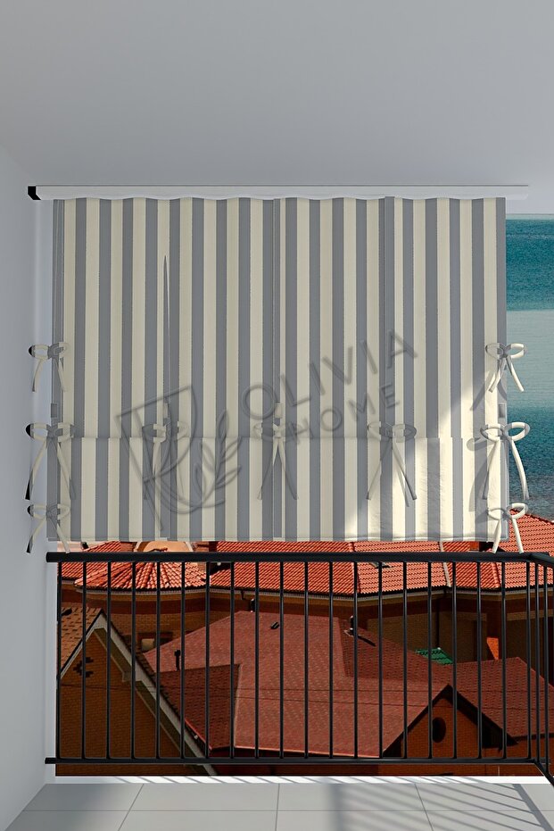 Olivia Home Rope Tensioned Height Adjustable Gray Cream Striped Balcony Curtain Thick Fabric