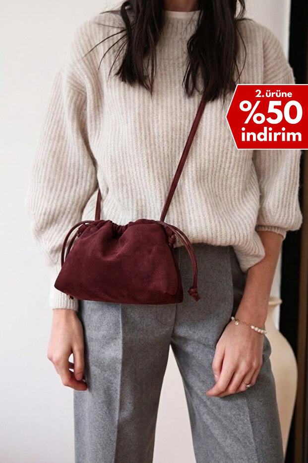 Burgundy Suede Long Strap Drawstring Crossbody Bag