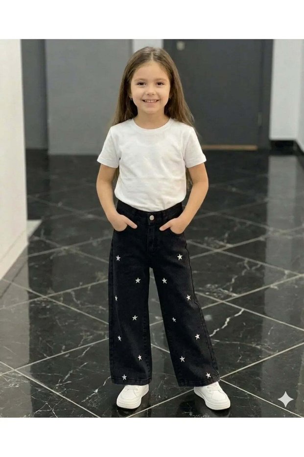 Girl's Jean Pants Palazzo Wide Leg Star Embroidered Denim Trousers — Black