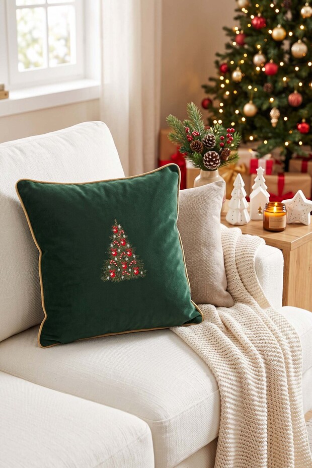 Elegant Christmas Tree Embroidered Green Velvet Throw Pillow Cover