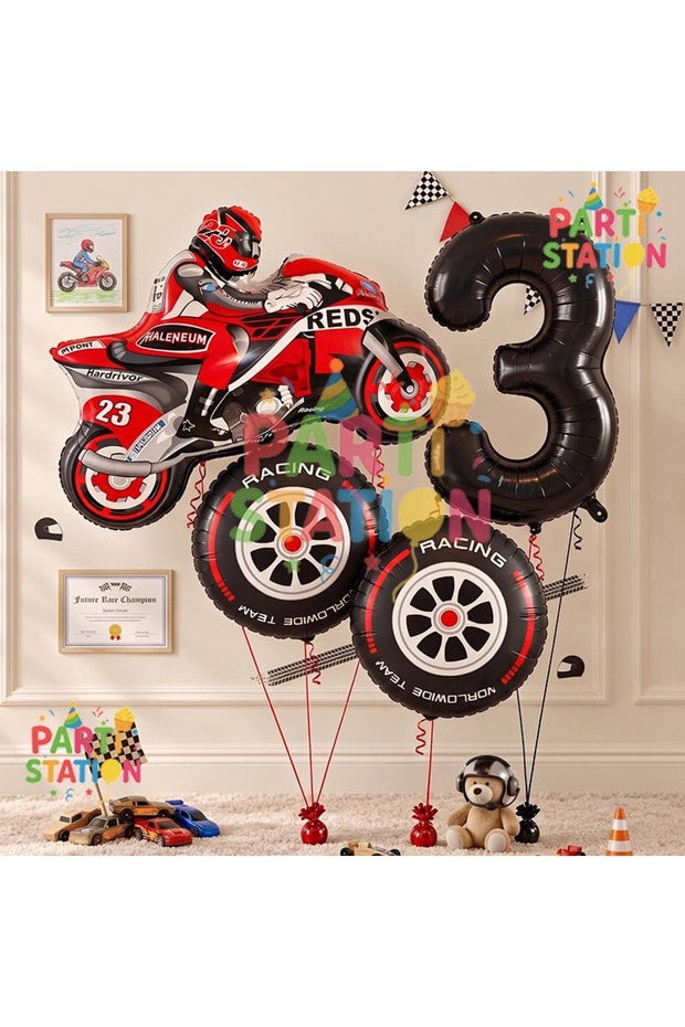Motorcycle Themed 3 Year Old Foil Balloon Set 4 Piece Motorcycle Birthday Set