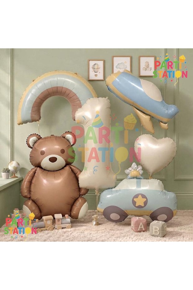 Retro Teddy Bear Airplane Police Car Rainbow Concept 1 Year Old Balloon Set Retro Concept Birthday Balloon Set
