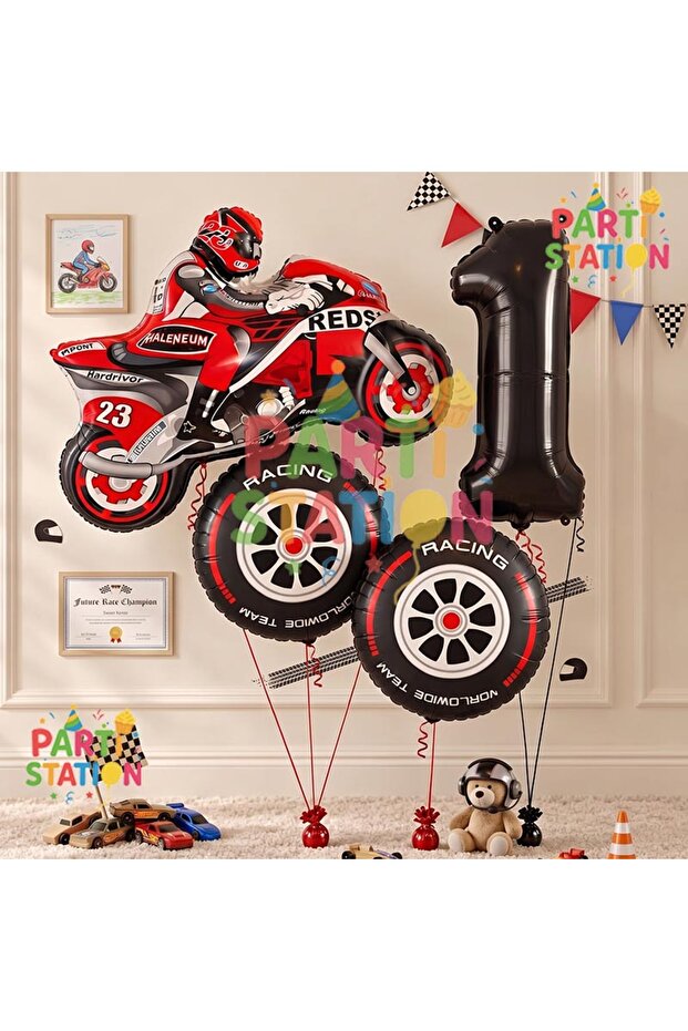 Motorcycle Themed 1 Year Old Foil Balloon Set 4 Piece Motorcycle Birthday Set