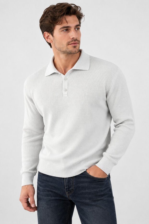 Collared Three Button Gray Corduroy Oversize Sweater