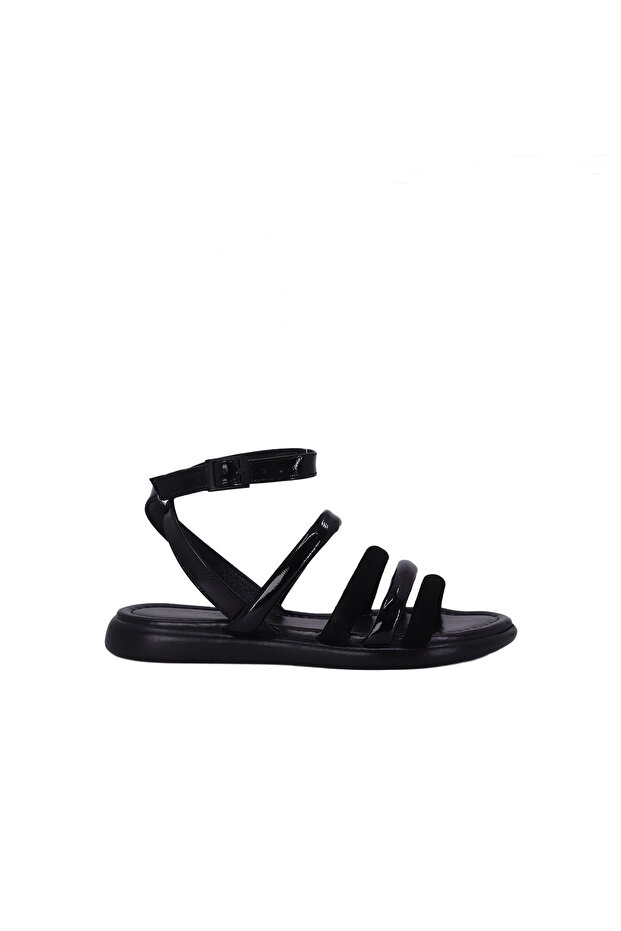26101328R Genuine Patent Leather Flat Women's Sandals with Black Straps and Ankle Buckle