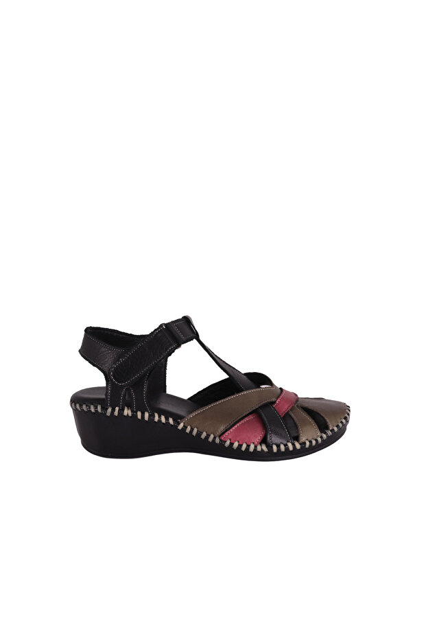 Black Genuine Leather Comfort Wedge Heel Women's Sandals with Velcro Fastening