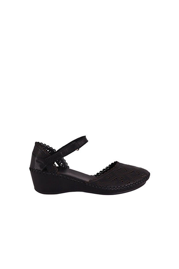 Women's Black Genuine Leather Wedge Heeled Buckle Perforated Sandals