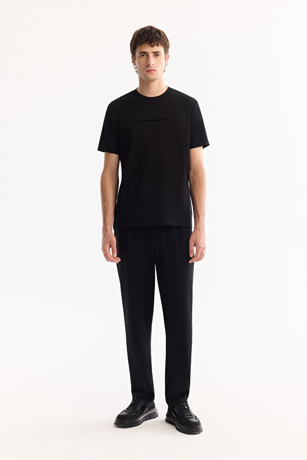 Men's Black Elastic Waist Lace-Up Easy-Iron Jogger Relaxed Fit Pants A52Y3041