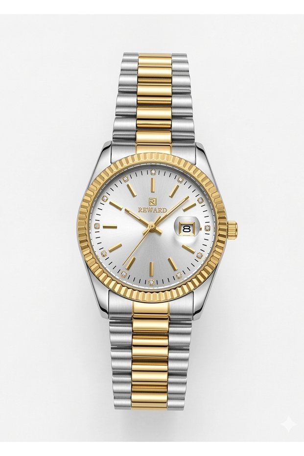 Women's Double Color Gold Silver Metal Cord White Dial Calendar Wristwatch with 2 Years Warranty