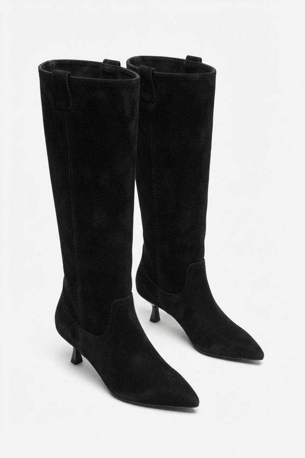 Women's Black Suede Pointed Toe Thin Heeled Western Style Non-Zipper Below-Knee Boots - Comfortable to Wear