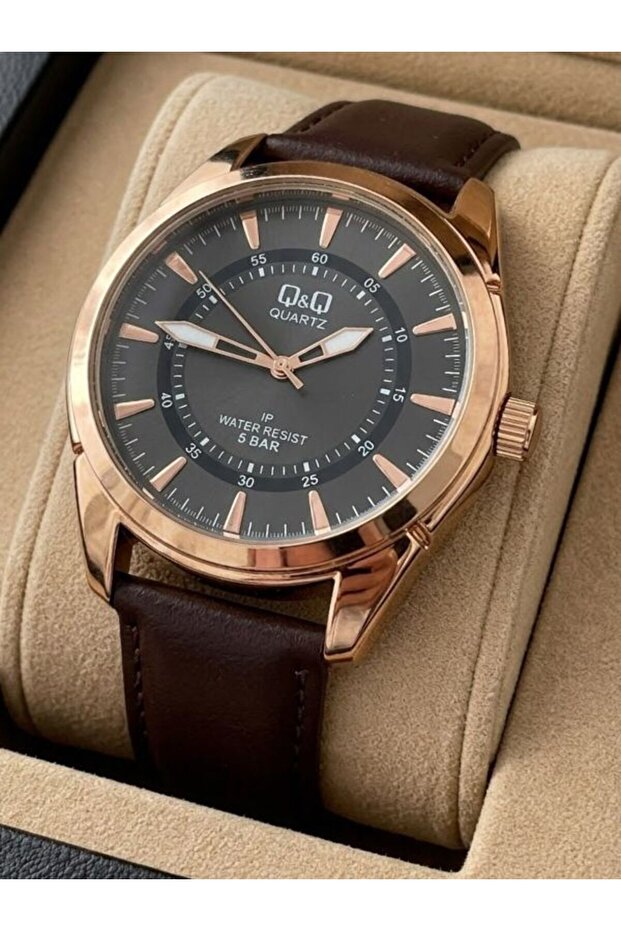 Men's Rose Brown Leather Strap Numeral-Free Detail Dial 5 Atm Analog Watch