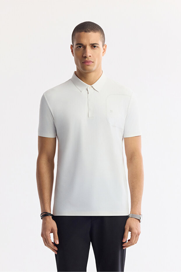 Men's White Non-Curling Polo Neck Bi-Stretch Technical Fabric Regular Fit T-Shirt A51Y1156