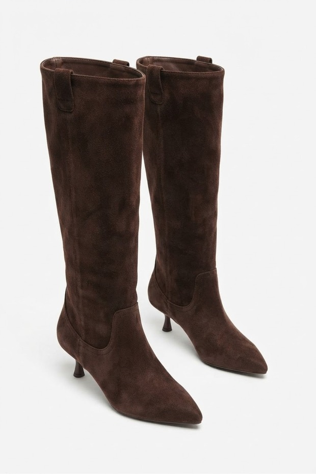 Women's Brown Suede Pointed Toe Thin Heeled Western Style Non-Zipper Below-Knee Boots - Comfortable Use