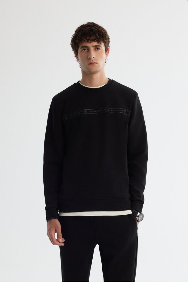 Men's Black Crew Neck Cotton Printed Elastane Regular Fit Sweatshirt A42Y1308