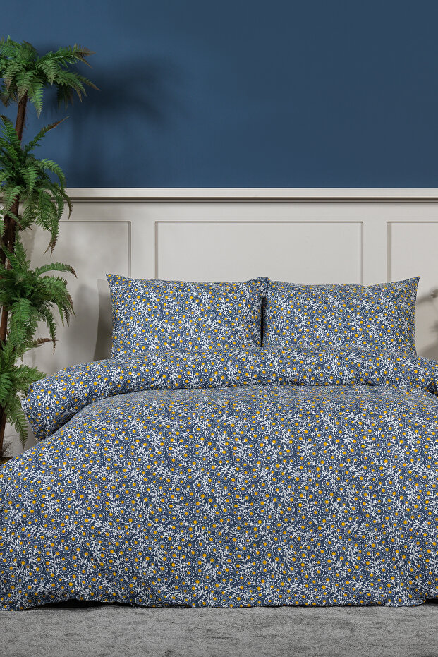 Talia 100% Cotton Double Elastic Sheet Duvet Cover Set Navy Blue