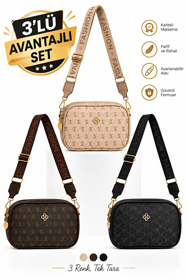 Women's 3-Piece Shoulder and Crossbody Bag with 2 Compartments, Daily Stylish Patterned Handbag